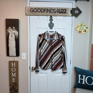 Vintage Blue DIAMOND womens longsleeve button up stretch shirt multicolor L